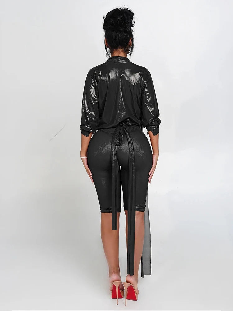 Sheer Wrap Crop Top & High-Waist Biker Shorts Set